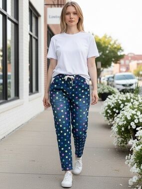 NEW Denimland Multicolor Polka Dot Eyelet Washed Denim Chambray Joggers Pants